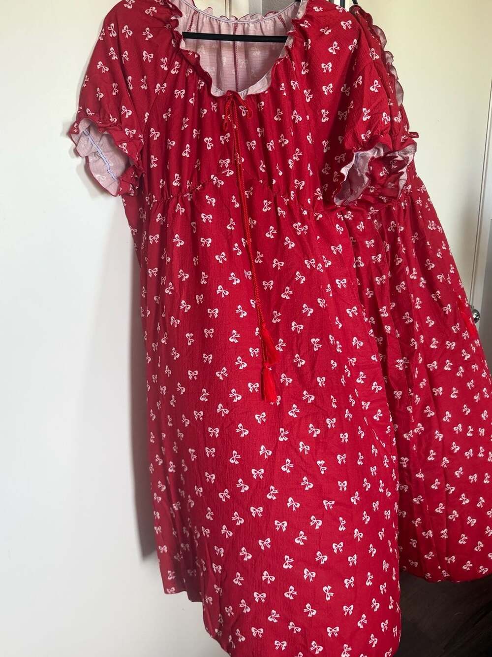 Red Bow Print Dress Size 2XL Ruffle Square Neck Short Sleeve